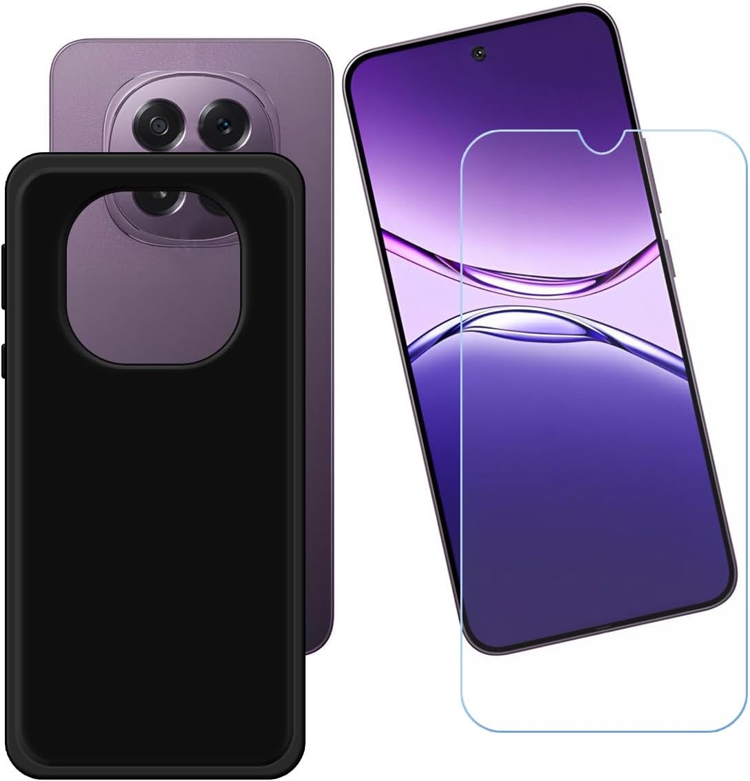 Black Cover for Oppo A5 2025 + HD Tempered Glass, Silicone Shell TPU Bumper Case