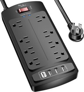 Sure! Here's the rewritten text for the SEO title within 60 characters:  
"Nuetsa 8-Outlet Surge Protector with 4 USB Ports, 6ft Cord – Black"  
Let me know if you'd like any adjustments!