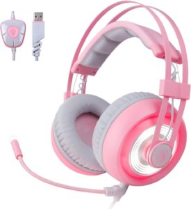 Gaming Headset for PC Mac, USB 7.1 Surround Sound Wired Headset with Mic, LED Light & Noise Cancelling Over Ear Headphones - Pink