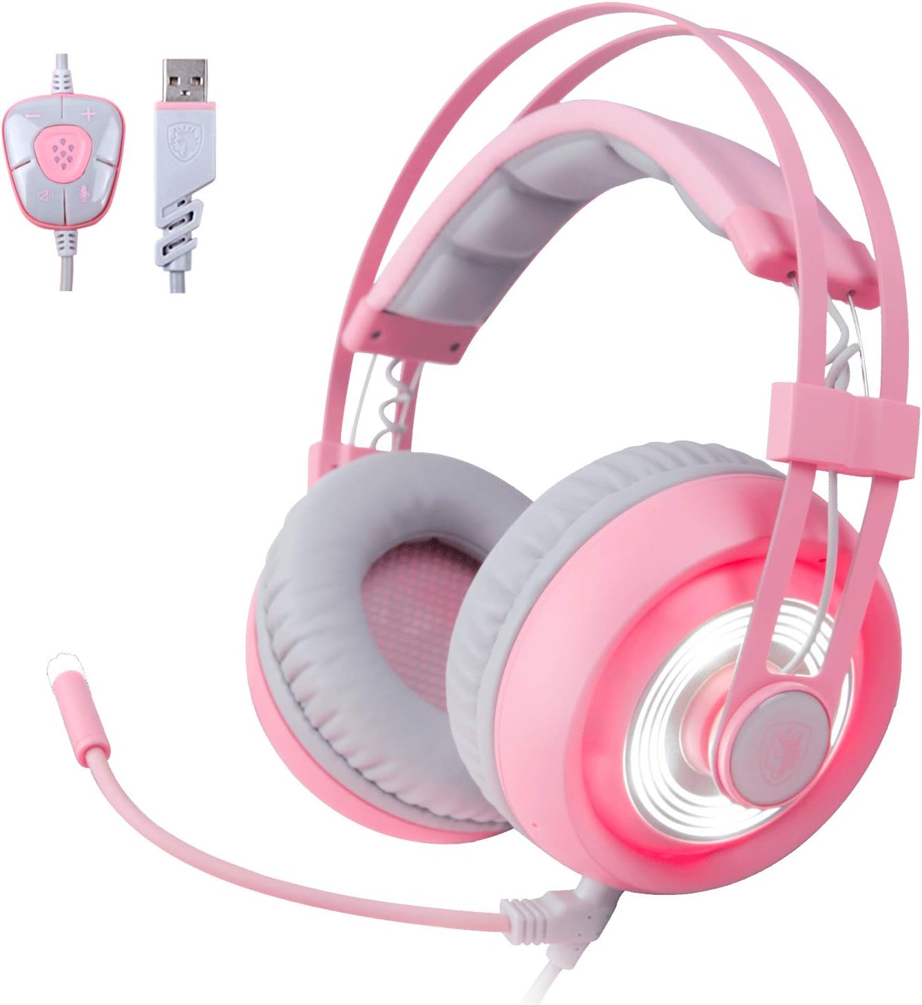 Gaming Headset for PC Mac, USB 7.1 Surround Sound Wired Headset with Mic, LED Light & Noise Cancelling Over Ear Headphones - Pink
