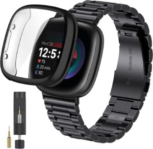 ZPJPPLX Fitbit Versa 4/Sense 2 Stainless Steel Band & Case, Versa 3/Sense Metal Strap