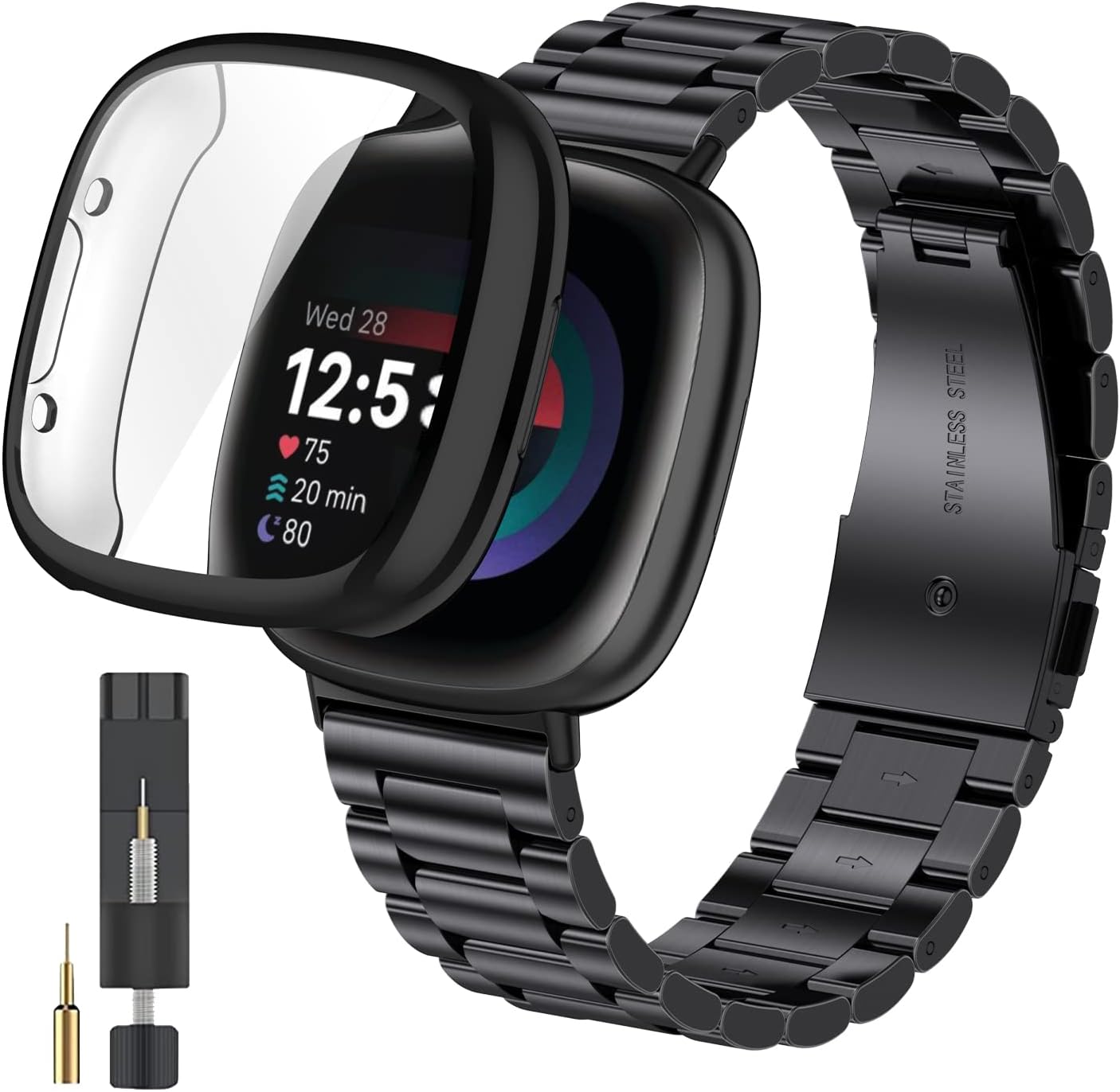 ZPJPPLX Fitbit Versa 4/Sense 2 Stainless Steel Band & Case, Versa 3/Sense Metal Strap