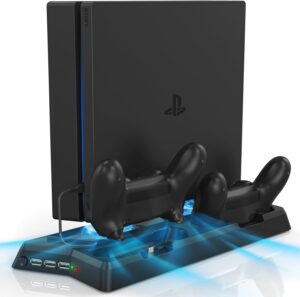 PS4 Controller Charger Station, Vertical Stand with Dual Charging Dock, Cooling Fan & 3 USB Ports