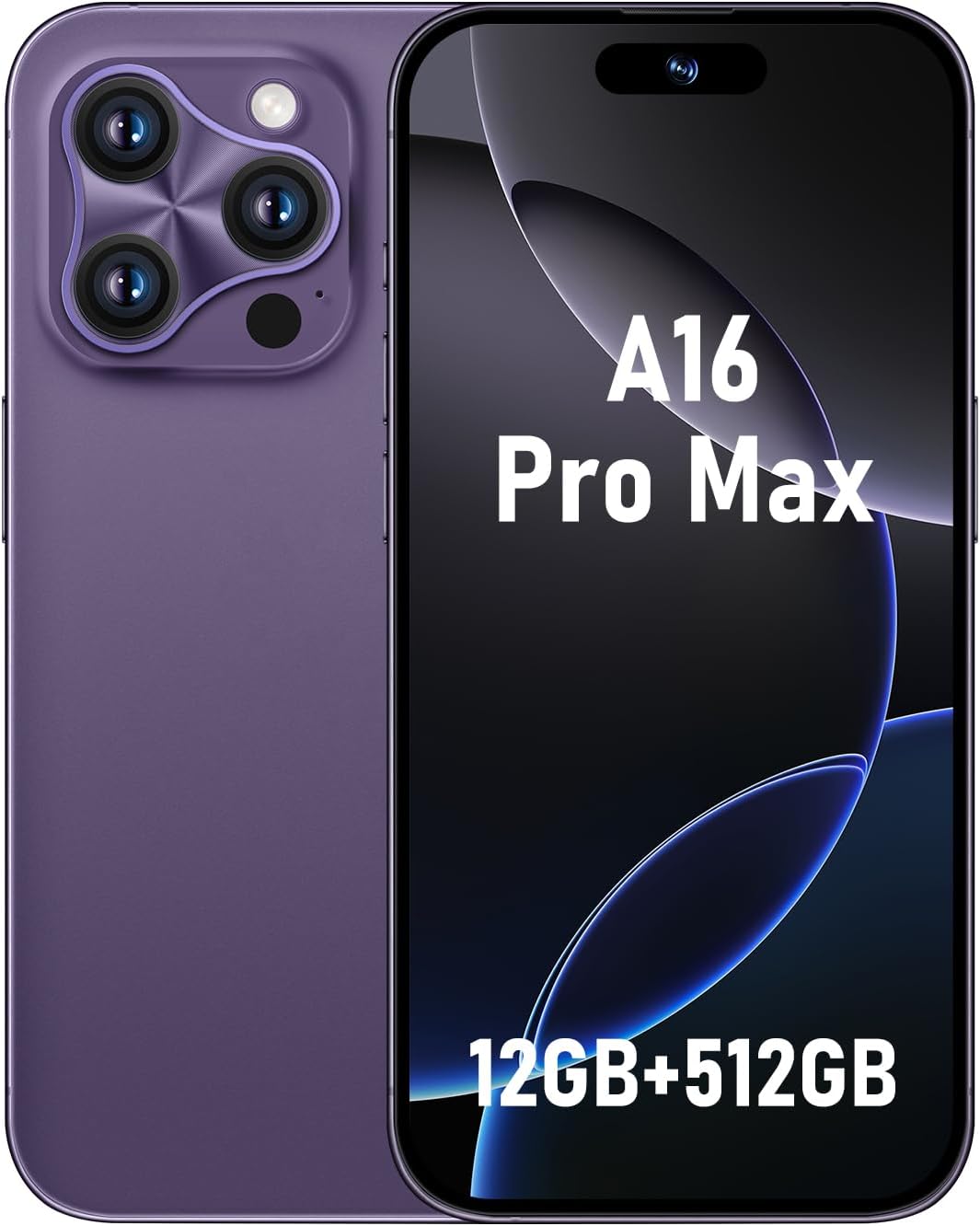 A16 Pro Max 5G Unlocked Smartphone, Android 13, Snapdragon 8Gen2, 6.8" HD, 48MP+108MP, 6800mAh, Dual SIM, Fingerprint, GPS, Face ID (Violet)