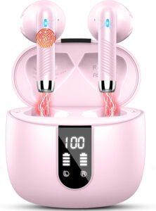Wireless Earbuds, Bluetooth Headphones V5.4 Stereo Bass, ENC Noise Cancelling, 56H Playtime, LED Display Case, IP7 Waterproof, Deep Pink