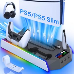 PS5/PS5 Slim Cooling Station with Controller Charger, LED Light, Fan, 3 USB Hubs, Headset Holder