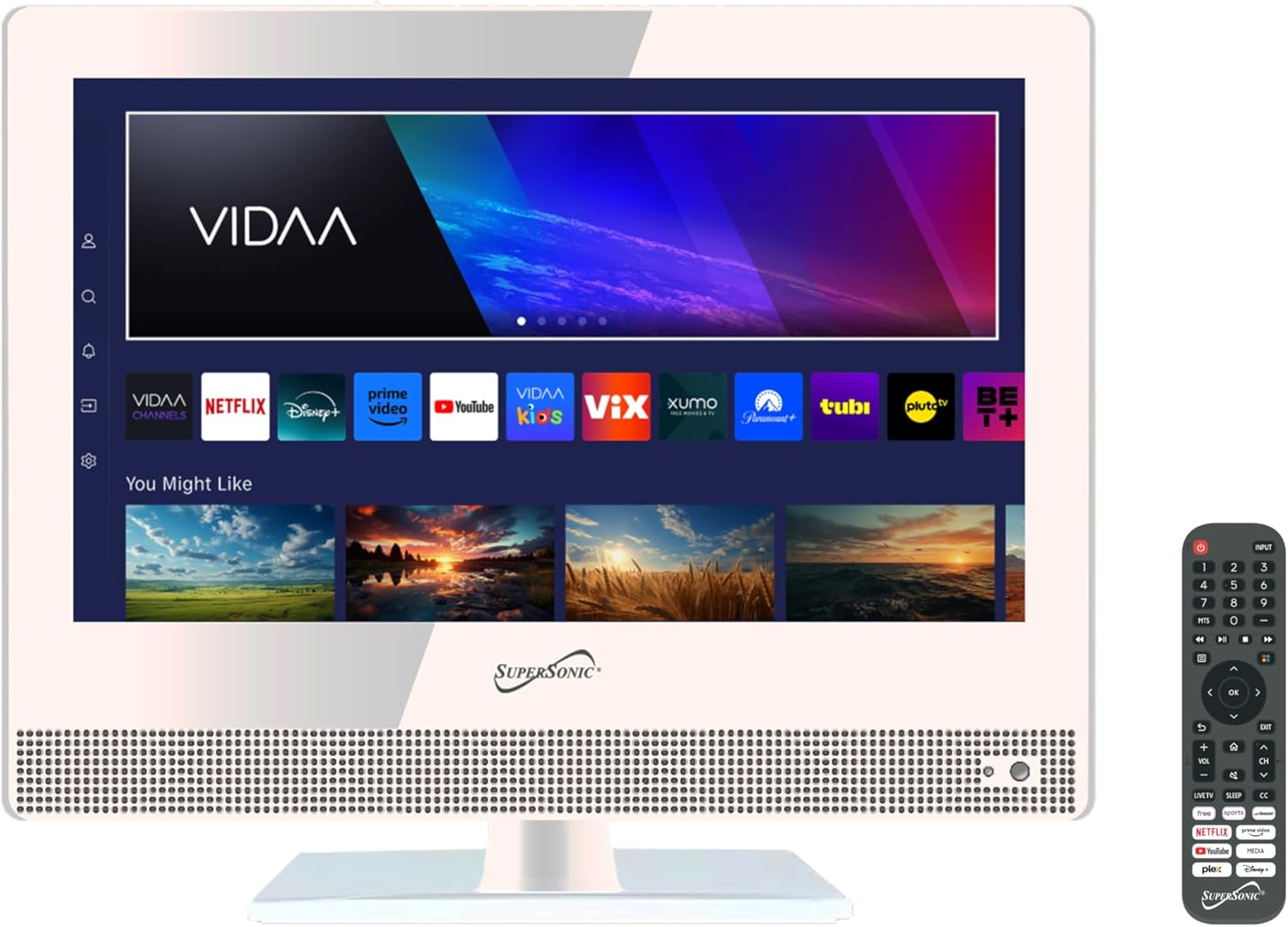 Supersonic SC-1520VTV 15.6" Smart LED TV, VIDAA, 1080p, WiFi, USB, 3X HDMI ARC, Remote, DC Car Cord-White
