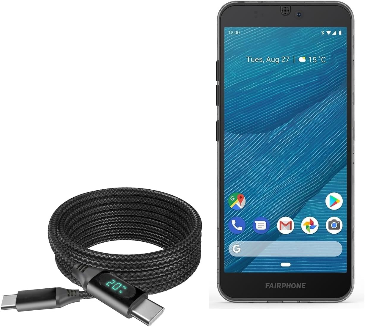 BoxWave USB-C to USB-C 100W Cable for Fairphone 3 - 6ft Braided Nylon - Black