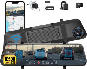 4K Mirror Dash Cam IMX415, 12" Smart Rear View Mirror, WiFi, ADAS, BSD, GPS, G-Sensor, Full HD Touch Screen, APP Control, Night Vision, Parking Monitor, Free 64GB Card