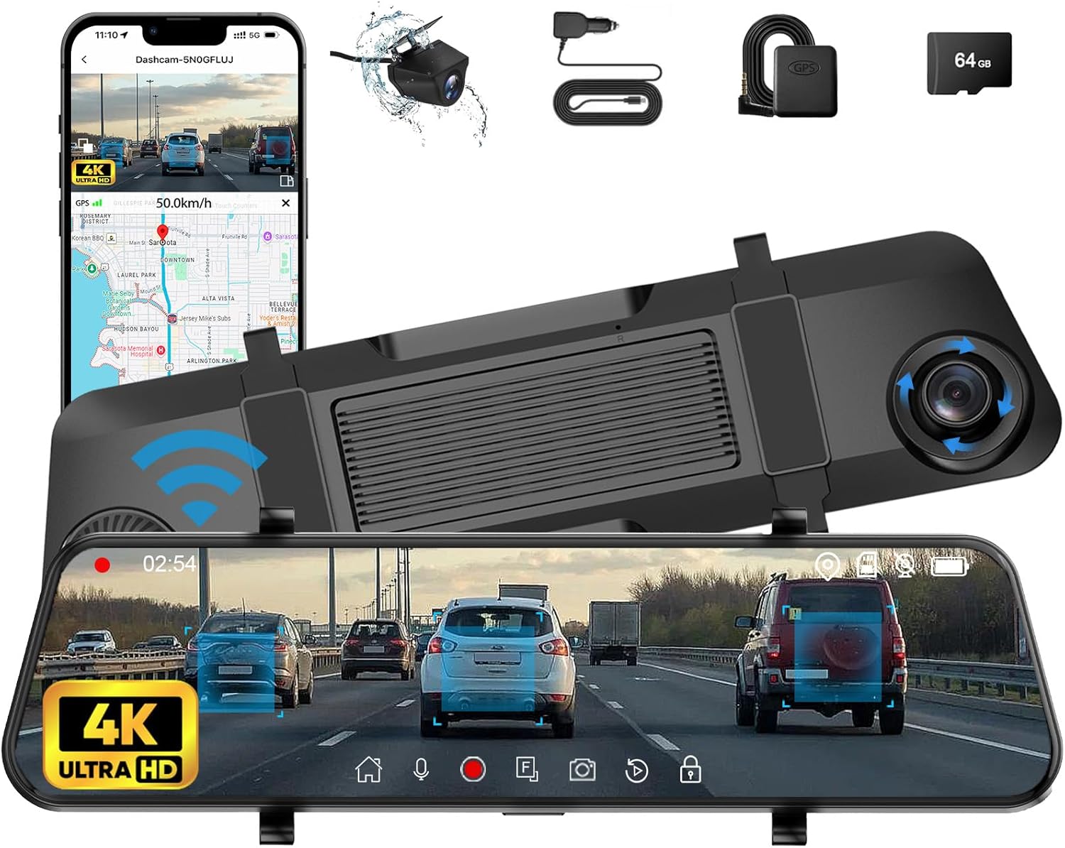 4K Mirror Dash Cam IMX415, 12" Smart Rear View Mirror, WiFi, ADAS, BSD, GPS, G-Sensor, Full HD Touch Screen, APP Control, Night Vision, Parking Monitor, Free 64GB Card