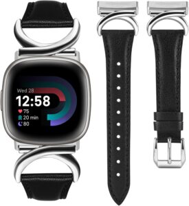 MinYee Leather Bands for Fitbit Versa 4/3/Sense 2 – Slim Dressy Strap with C-Buckle