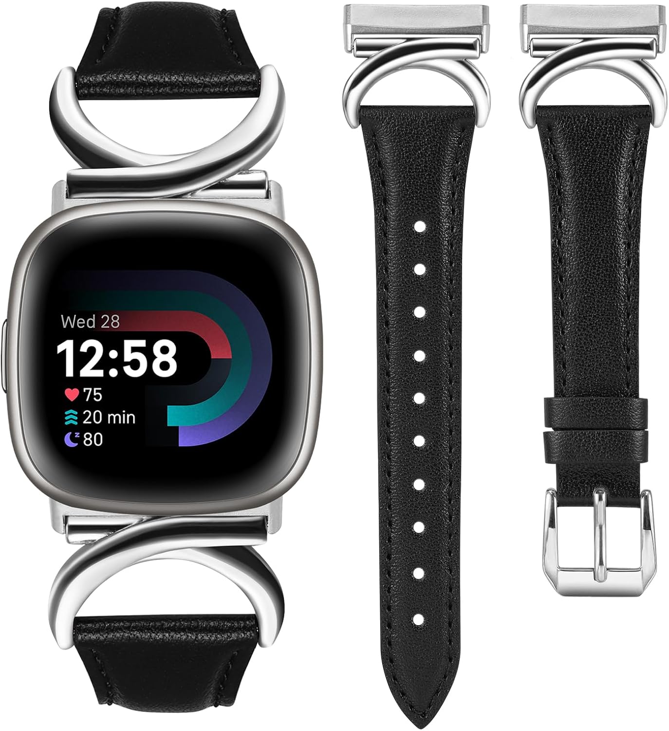 MinYee Leather Bands for Fitbit Versa 4/3/Sense 2 – Slim Dressy Strap with C-Buckle