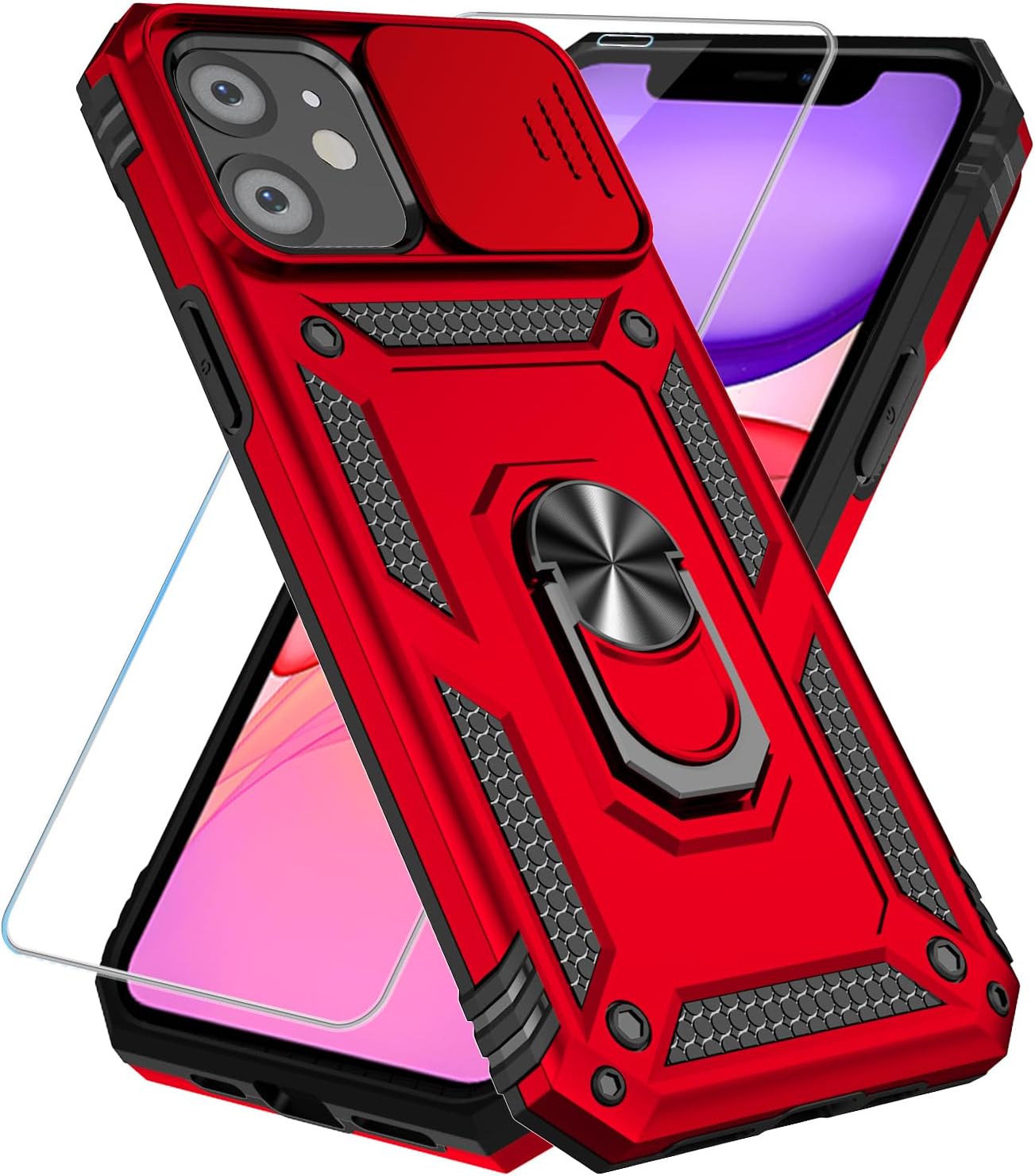 SunStory iPhone 11 Case – HD Screen Protector, Slide Camera Cover, Rotated Ring Kickstand, Military-Grade, Red