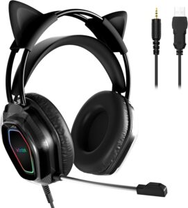 Wantek Cat-Ear Gaming Headset - 50mm Drivers, Noise-Cancelling Mic, 3.5mm Wired, Lightweight (Black)