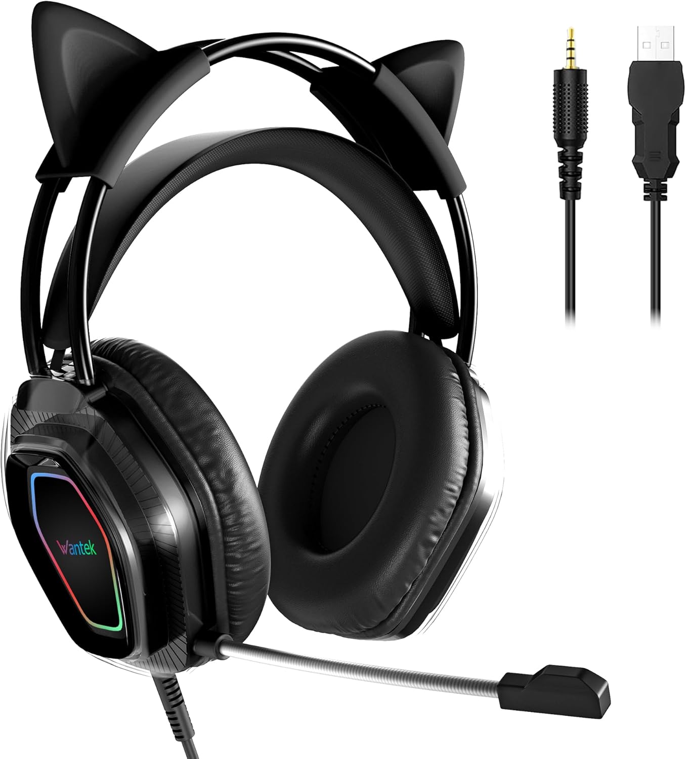 Wantek Cat-Ear Gaming Headset - 50mm Drivers, Noise-Cancelling Mic, 3.5mm Wired, Lightweight (Black)