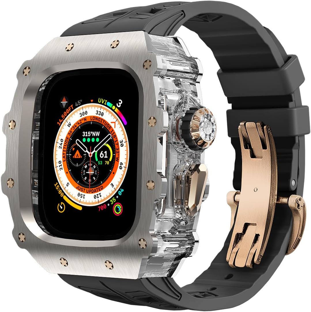 Luxury Apple Watch Ultra 2 Titanium Case with Fluorine Rubber Band, Men's Protective Cover for iWatch Ultra 49mm, Lightweight Titanium Case for Apple Watch Ultra 2/Ultra