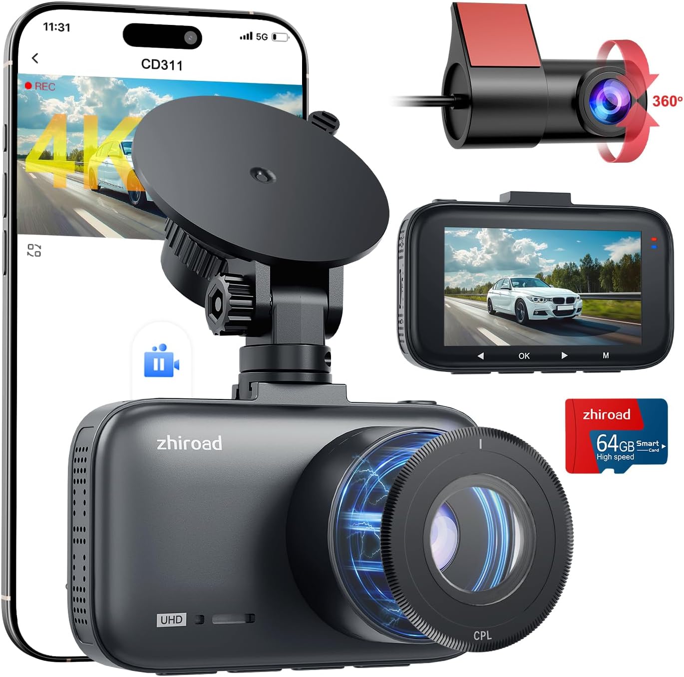 Front and Rear Dash Cam 4K Dual with CPL Filter, 5GHz WiFi, 3" IPS Screen, 64GB Card, App Control, Night Vision, Parking Monitor, 256GB Max
