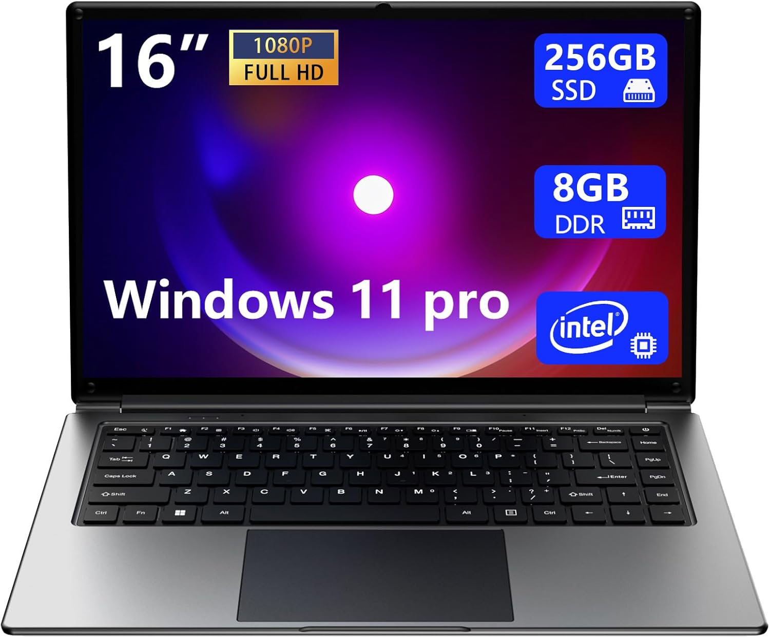 16-inch Laptop 8GB DDR 256GB SSD Expandable 1TB Pentium Quad-core 2.64GHz 9000mAh Mini HDMI USB3.0 Dual-Band WiFi Webcam Slim