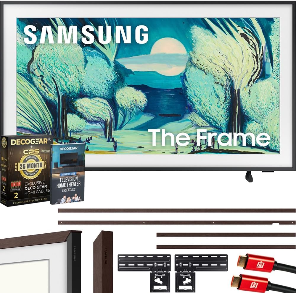 Samsung QN43LS03FA 43" The Frame QLED 4K AI TV (2025) Bundle with Modern Brown Bezel, CPS 26 Month Protection, Slim Flat Mount, 2X HDMI Cables & Deco Gear Home Theater Guidebook