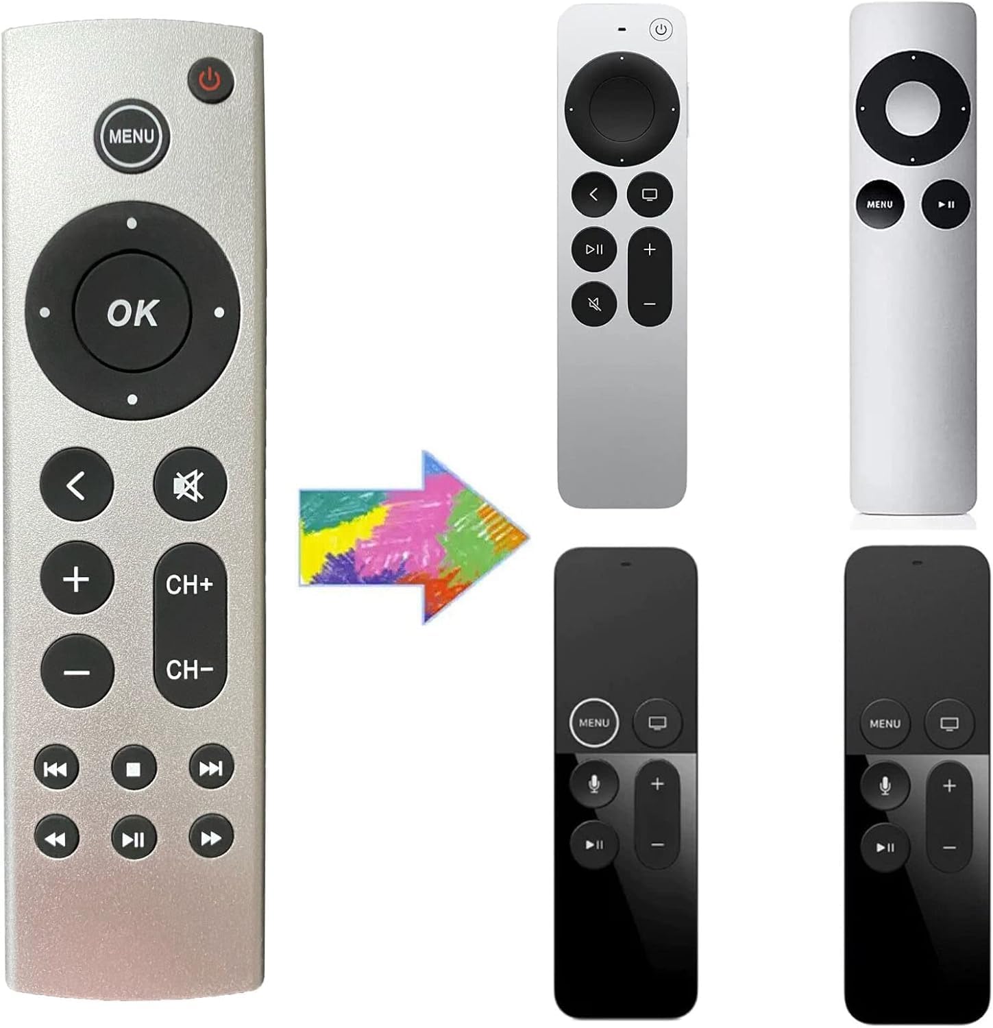 Universal Replacement Remote for Apple TV 4K/HD, A2843 A2737 A2169 A1842 A1625 A1427 A1469 A1378, Works with Samsung LG Sony Vizio Toshiba TVs