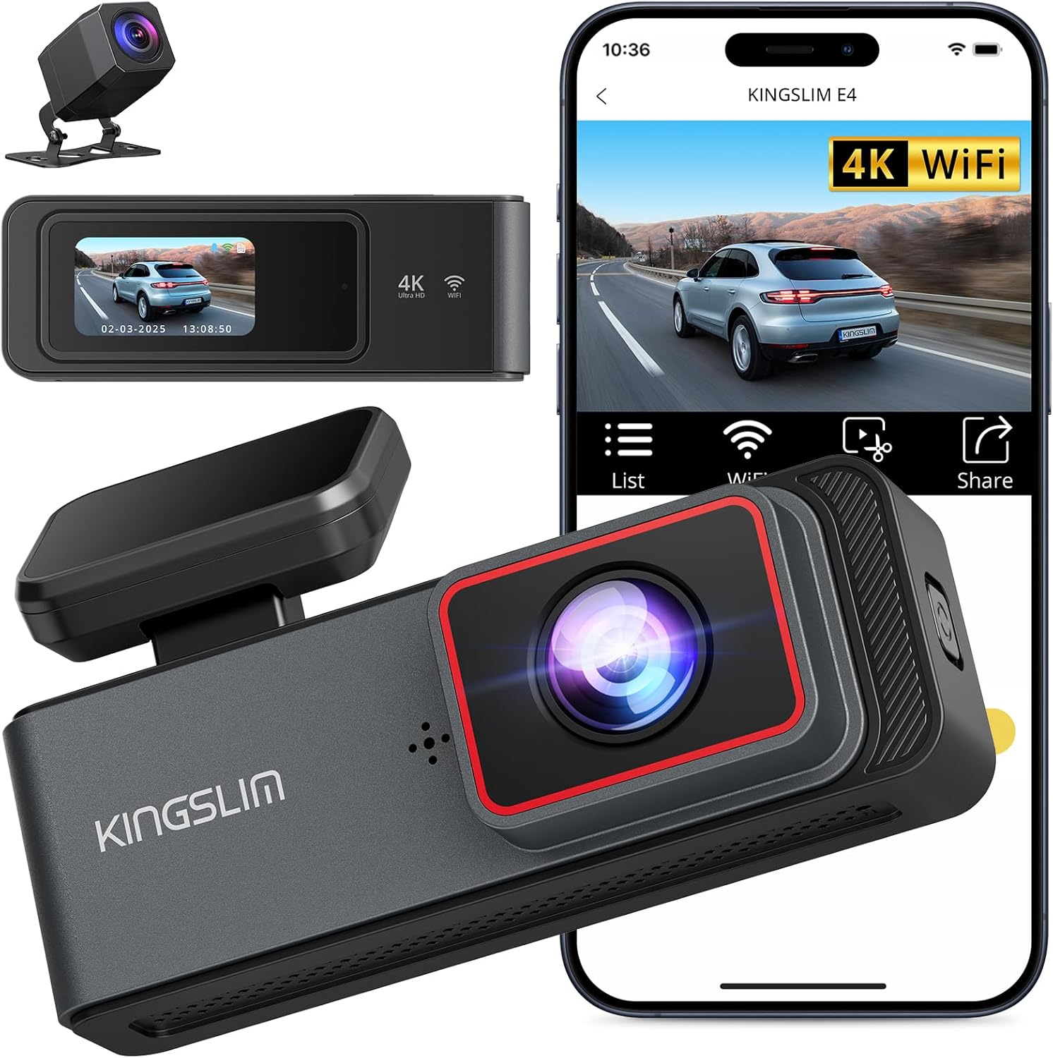 Kingslim E4 4K Dash Cam Front and Rear, WiFi Dual Camera, APP Control, Night Vision, Parking Mode