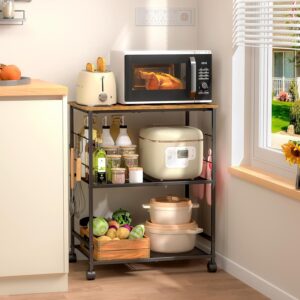 Rolling Kitchen Microwave Cart, 3 Tier Microwave Table Stand with Storage, Kitchen Utility Cart on Lockable Wheels, Small Coffee Cart Shelf Rack Organizer for Living Room Office, Balcony