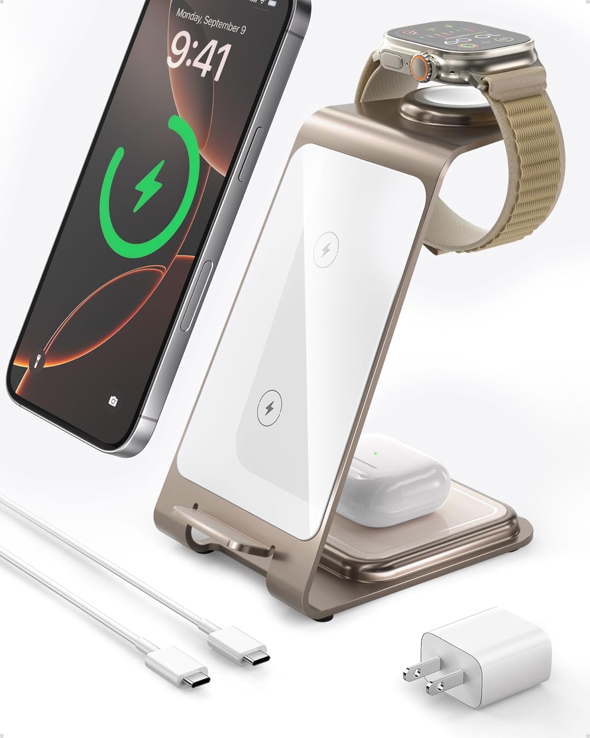 3 in 1 Wireless Charger for iPhone 16-11, Apple Watch 10-2, AirPods 4-2 (Y93, Desert)