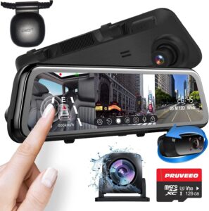 PRUVEEO 2K Mirror Dash Cam 3 Channel, Rear View Camera, 12" Touch Screen, Night Vision, GPS, 128GB Card