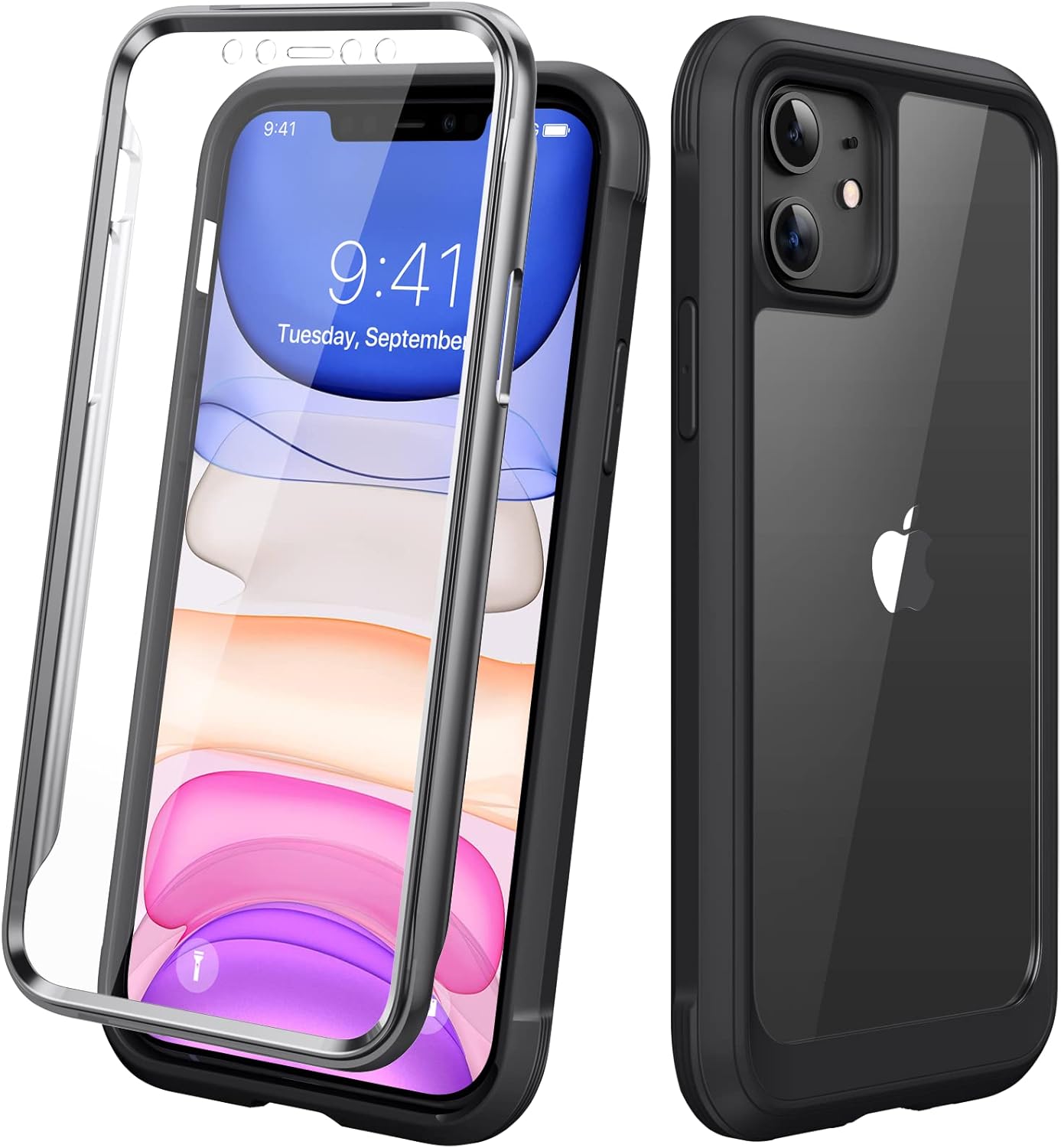 Diaclara iPhone 11 Case, Rugged Full Body with Built-in Screen Protector, Clear TPU Bumper (Black/Clear)
