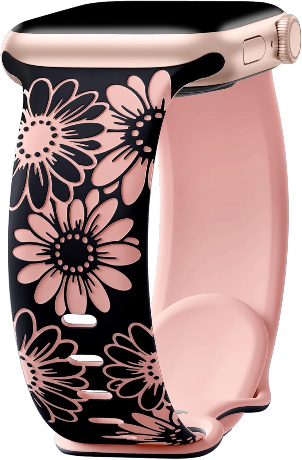 DaQin Floral Engraved Apple Watch Band 40mm 38mm 41mm 42mm 44mm 45mm 46mm 49mm, Soft Silicone Two-Tone Sport Strap for iWatch Series 10 9 8 7 6 5 4 3 2 1 SE Ultra Ultra 2
