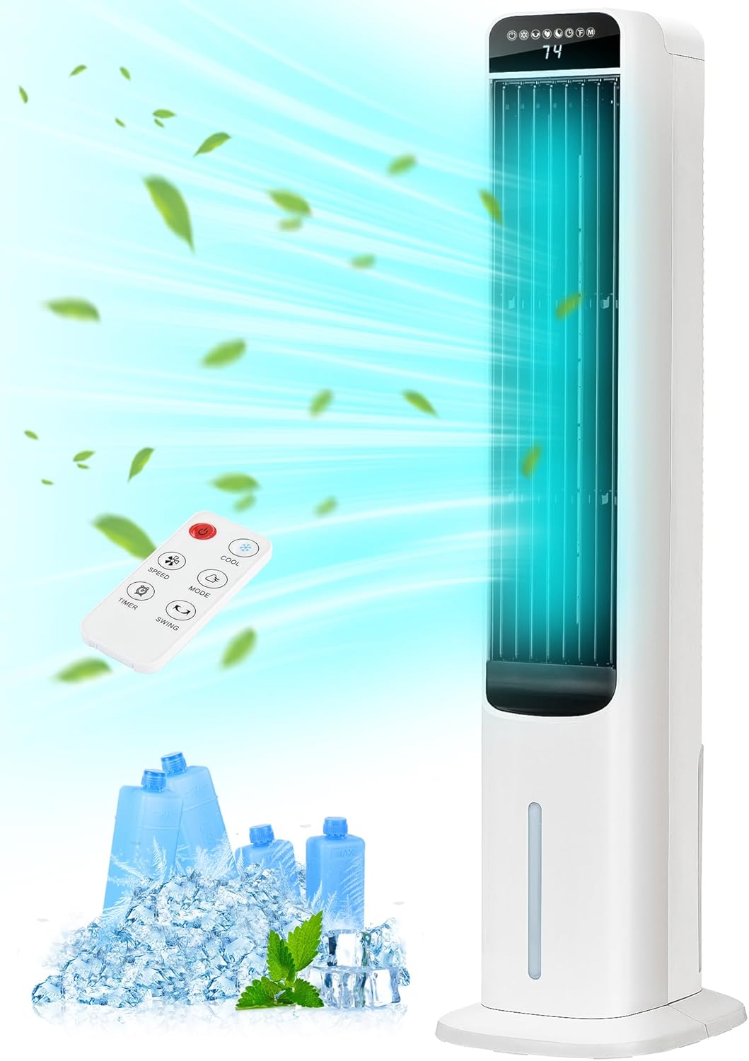 Evaporative Air Cooler, 41" Windowless Portable AC, 3-in-1 Cooling Fan, 4 Ice Packs, 12H Timer, 26ft Remote, 120° Oscillation, Quiet Swamp Cooler