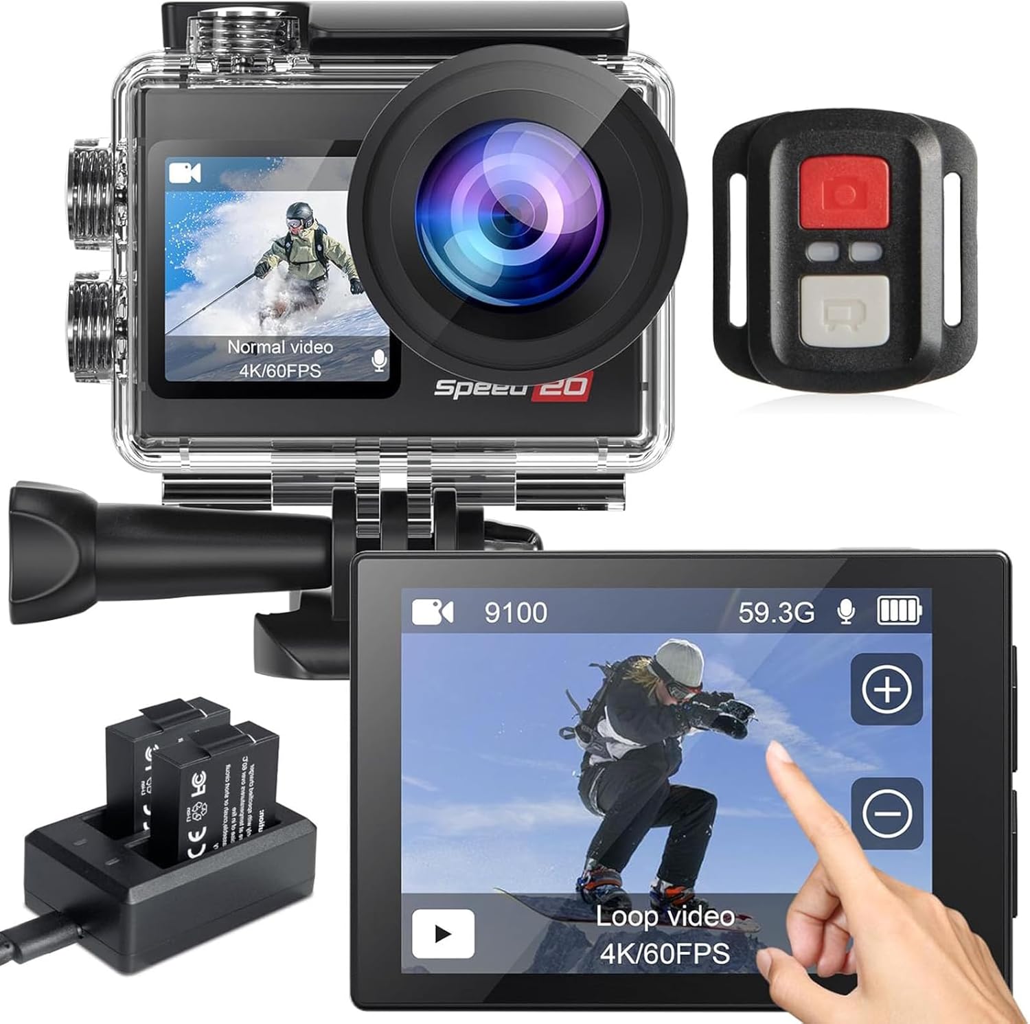 Action Camera 4K60FPS 20MP Touch Screen EIS Remote Underwater 5X Zoom Video&Photo Editing External Mic Vlog Cam