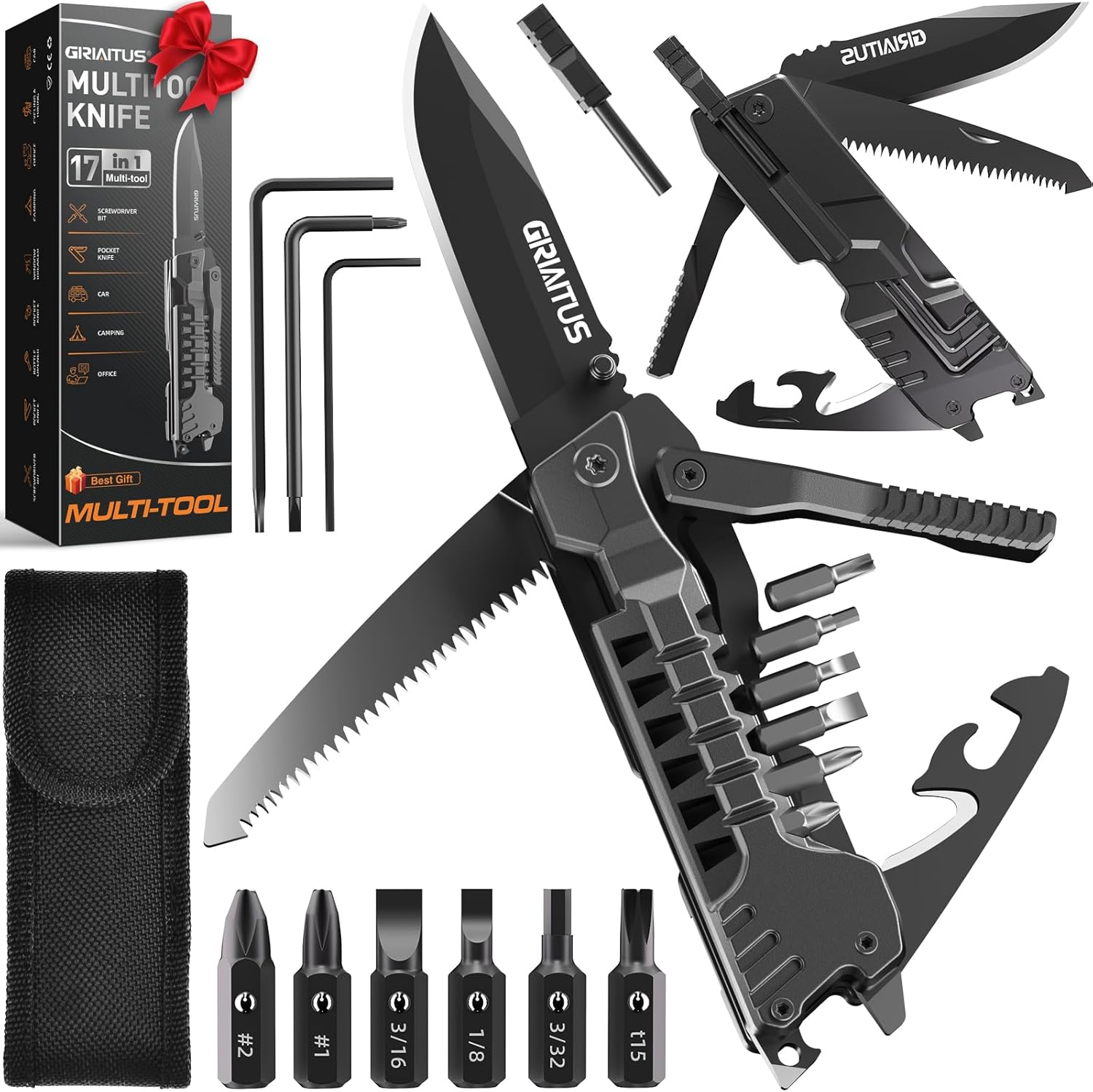 17-in-1 Multitool Knife - Fire Starter, Saw, Screwdrivers, Bottle Opener, Whistle, Window Breaker - Camping, Survival, Gifts for Men, Dad