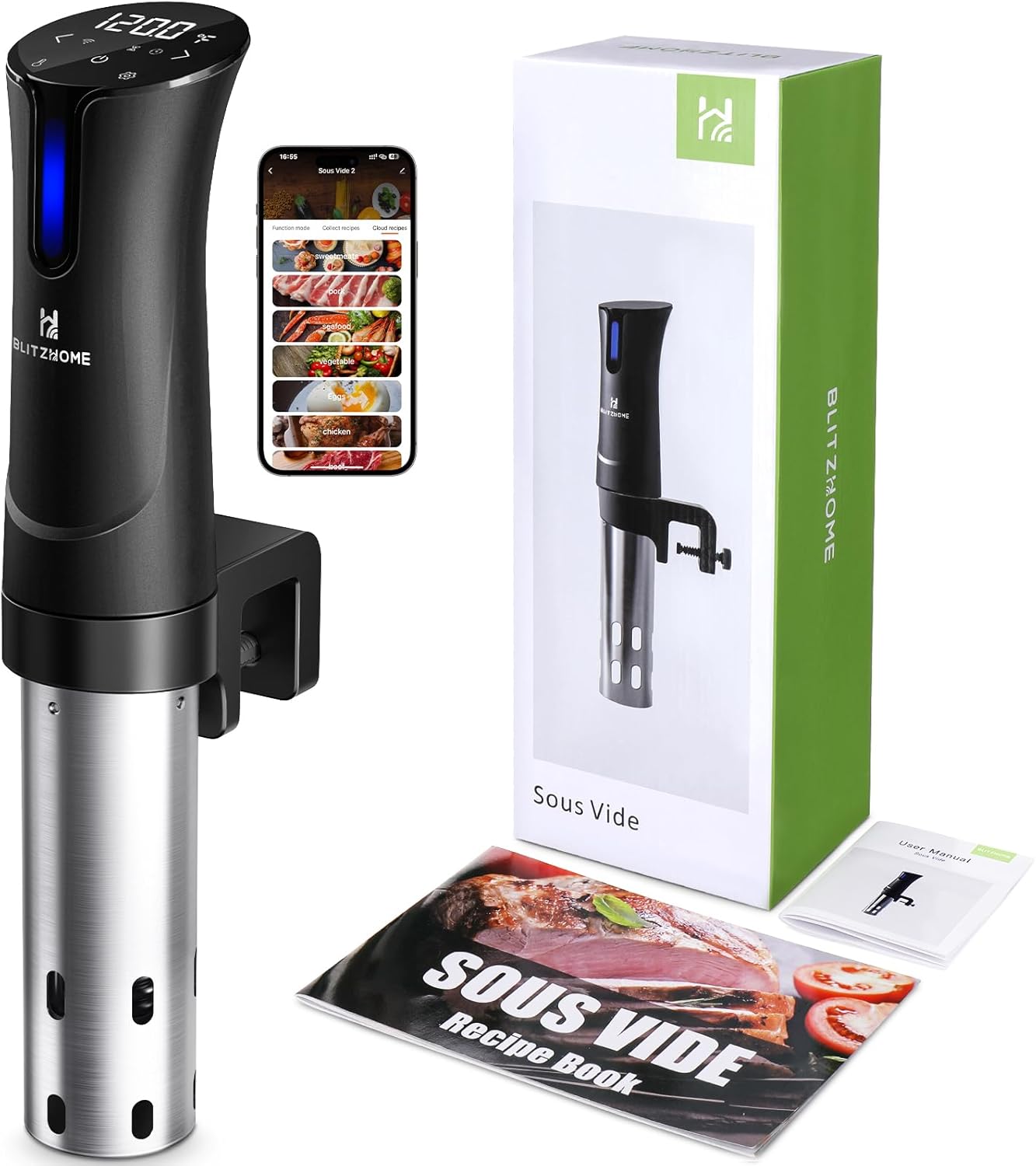 BLITZHOME Sous Vide Cooker, WiFi 1100W Precision Immersion Circulator for Chefs