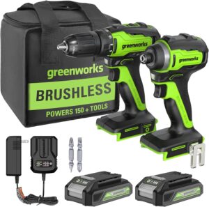 Greenworks 24V Brushless Drill & Impact Driver Kit, 2 Batteries, Charger, Bag