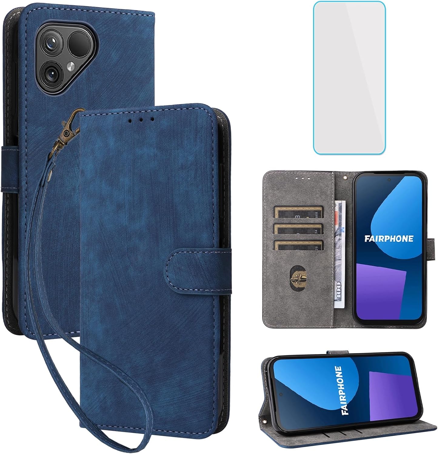 Fairphone 5 Wallet Case with RFID Blocking, Kickstand & Screen Protector - Blue