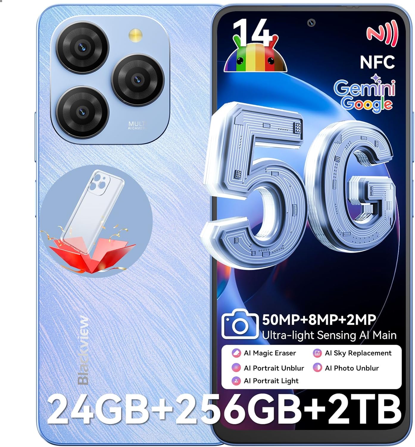 Blackview Shark 9 5G Unlocked, Octa-Core 24GB+256GB/SD 2TB, Android 14, 50MP, 6.67" FHD+, 530181 Score, 5000mAh, Fast Charge, AI, NFC