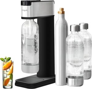 Here’s the rewritten text for SEO (under 60 characters):  
Soda Maker, Sparkling Water Machine, Stainless Steel, 2 Bottles  
Let me know if you'd like any adjustments!