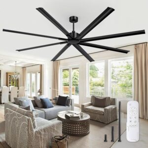 96 Inch Industrial DC Motor Ceiling Fan, 8 Reversible Blades, 3 Downrods, 6-Speed Remote, for Home/Commercial, Black