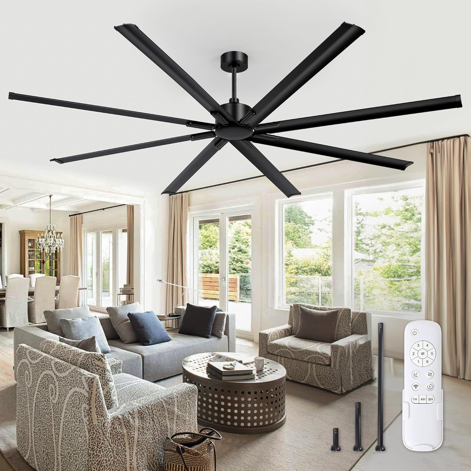 96 Inch Industrial DC Motor Ceiling Fan, 8 Reversible Blades, 3 Downrods, 6-Speed Remote, for Home/Commercial, Black