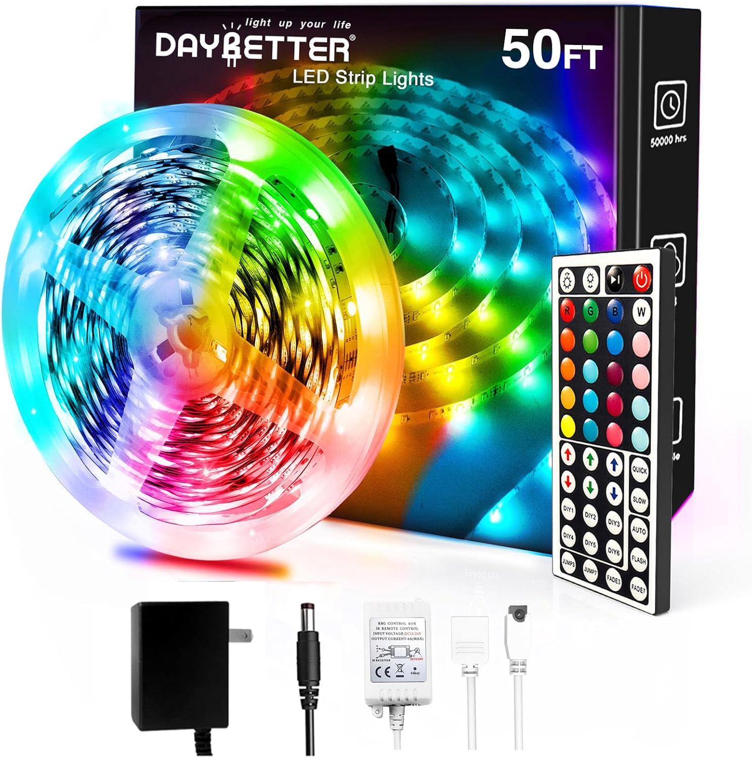DAYBETTER 50ft LED Strip Lights, RGB Color Changing with Remote