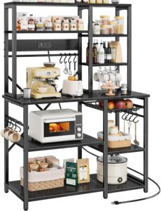 SUPERJARE Large Bakers Rack with Power Outlets, 6-Tier Microwave Stand, Coffee Bar, 12 Hooks, Wire Basket, 39.3 x 15.5 x 66.9 Inches, Black