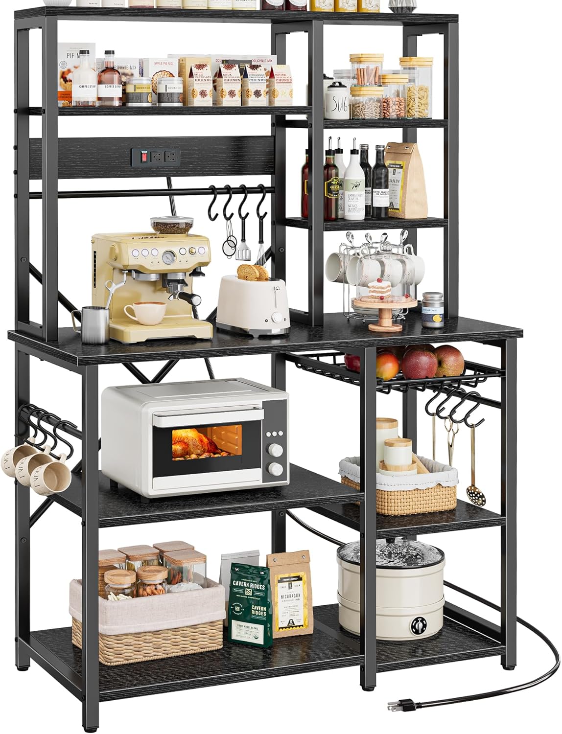 SUPERJARE Large Bakers Rack with Power Outlets, 6-Tier Microwave Stand, Coffee Bar, 12 Hooks, Wire Basket, 39.3 x 15.5 x 66.9 Inches, Black