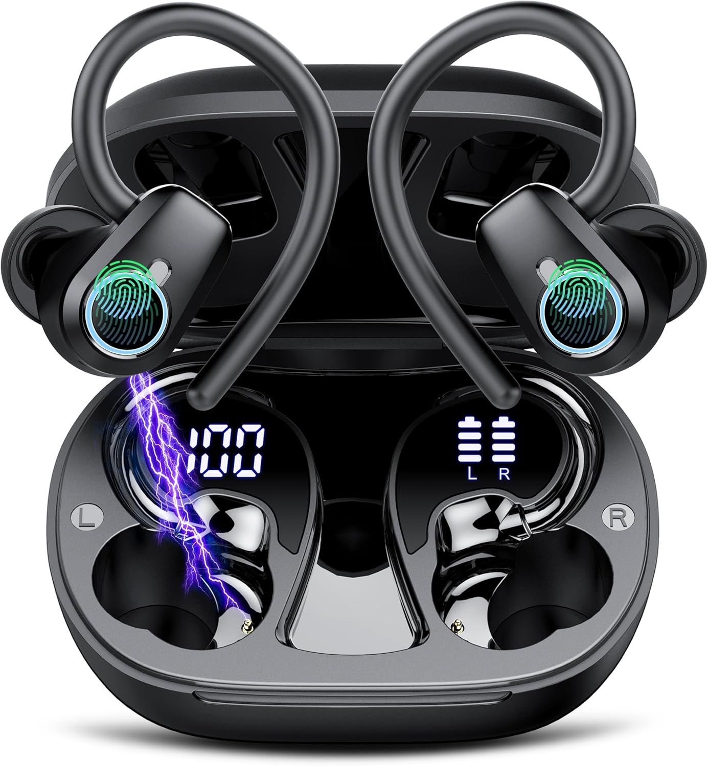 Wireless Earbuds, Bluetooth 5.3 Headphones, 50H Playtime, LED Display, Deep Bass, Noise Cancelling, IP7 Waterproof, Jet Black