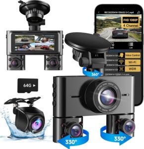 360 Dash Cam Front and Rear Inside, 4 Channel Dash Camera FHD 1080Px4, Wi-Fi, 3.16" Screen, WDR Night Vision, Voice Control, 64GB Card, 24H Parking Mode