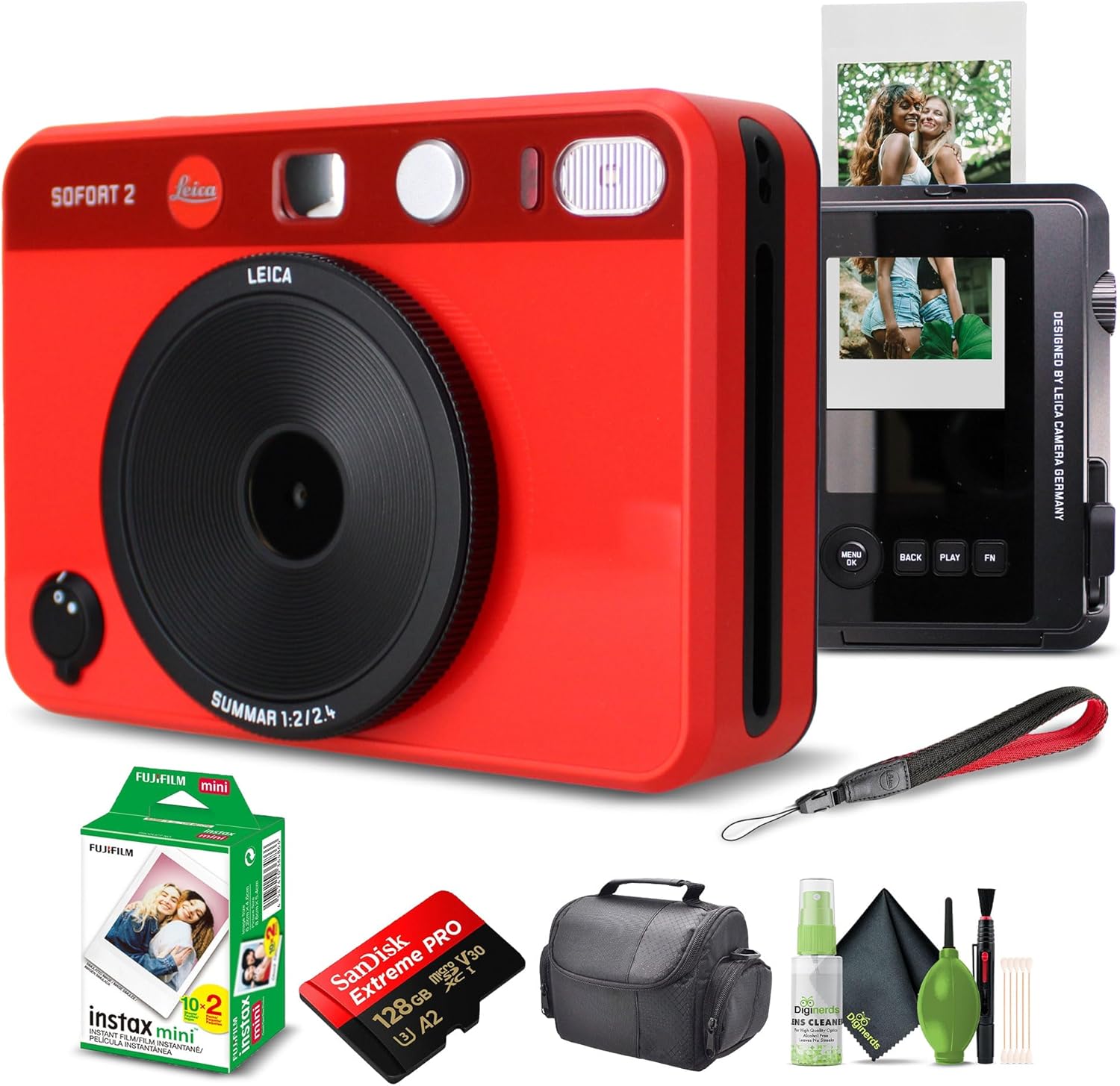 Leica Sofort 2 Hybrid Instant Camera (Red) with Fujifilm Film + 128GB Card + Bag + Kit