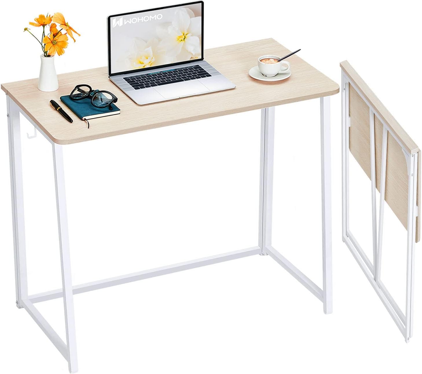 WOHOMO Folding Desk, Small Foldable Desk 31.5" for Small Spaces, Computer Table Writing Workstation, Easy Assembly, Oak