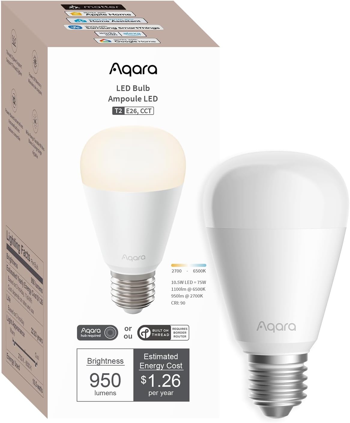 Aqara Thread/Zigbee Smart LED Bulb T2 E26, Tunable White, Matter, HomeKit, Alexa, Google