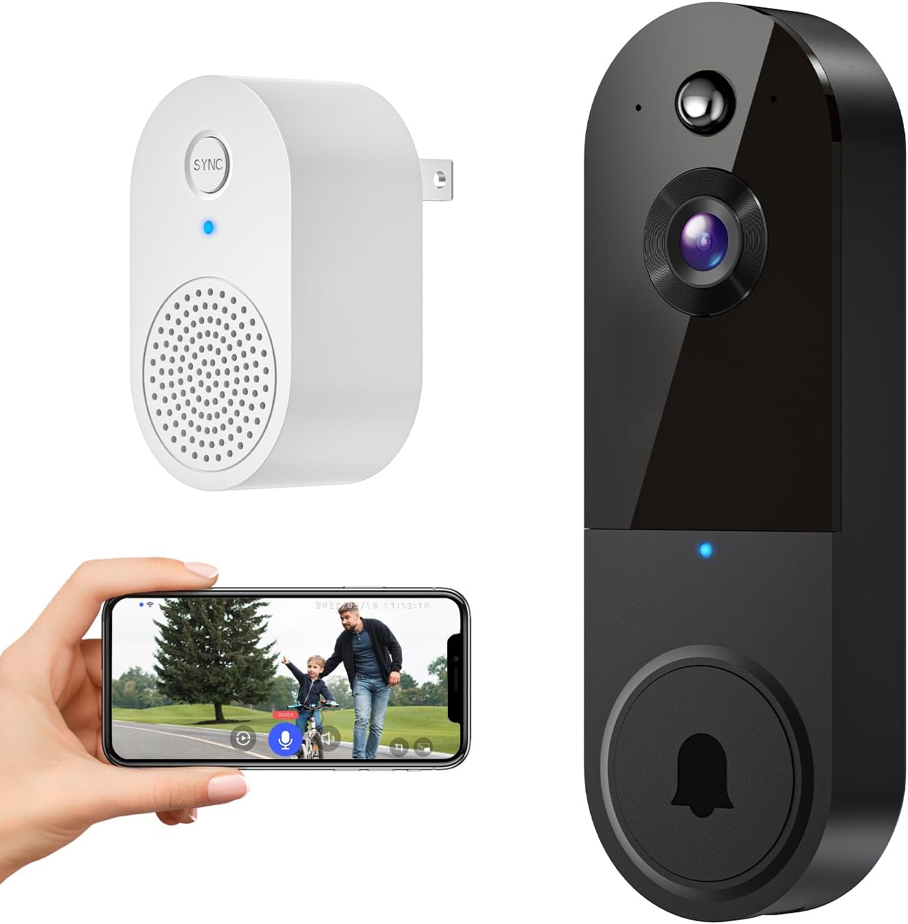 1080P Wireless Video Doorbell Camera with Receiver, Night Vision, Cloud Storage, 2.4GHz Wi-Fi, AI Detection, 2-Way Talk, Alerts, Battery Powered (Black)