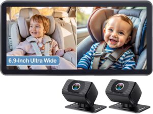 2-Kids Baby Car Camera for Seat: 6.9 Inch Ultrawide Display, Dual Rear Cameras, USB Powered, 1080P HD, Easy Install
